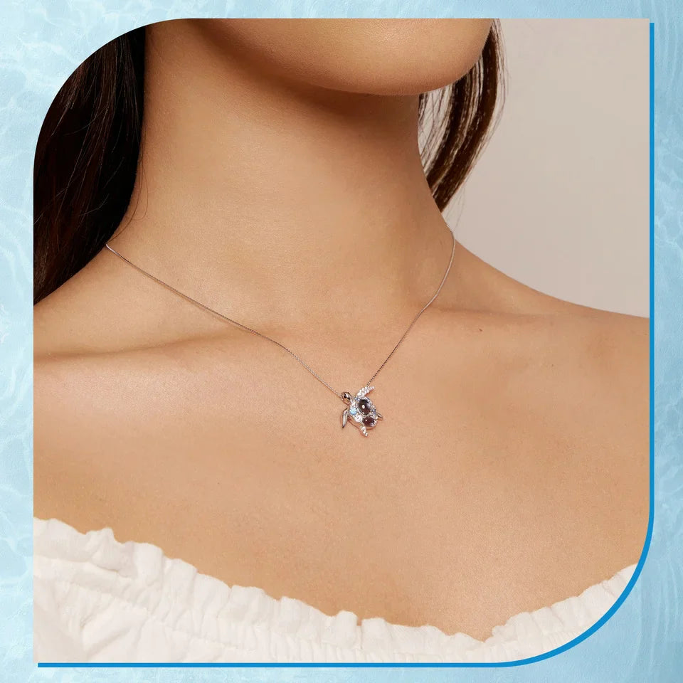 925 Sterling Silver Blue Spinel Sea Turtle Pendant Necklace Pave Setting CZ for Women Valentine's Day Gift