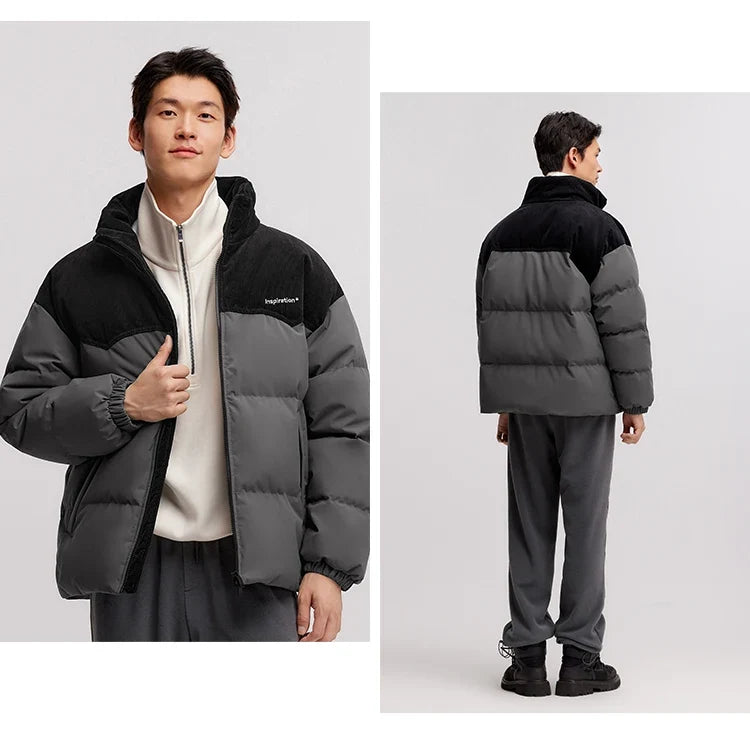 Down Jacket Men 2024 Winter New Patchwork Corduroy Texture Coat Thick Loose Top Embroidered Down Jacket