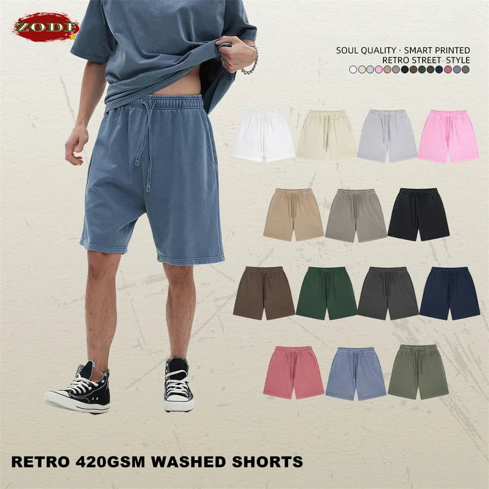 Fashion Summer Men 420gsm Washed Cotton Shorts Retro Unisex High Street Terry Knee Length Short Pants Streetwears HY0845