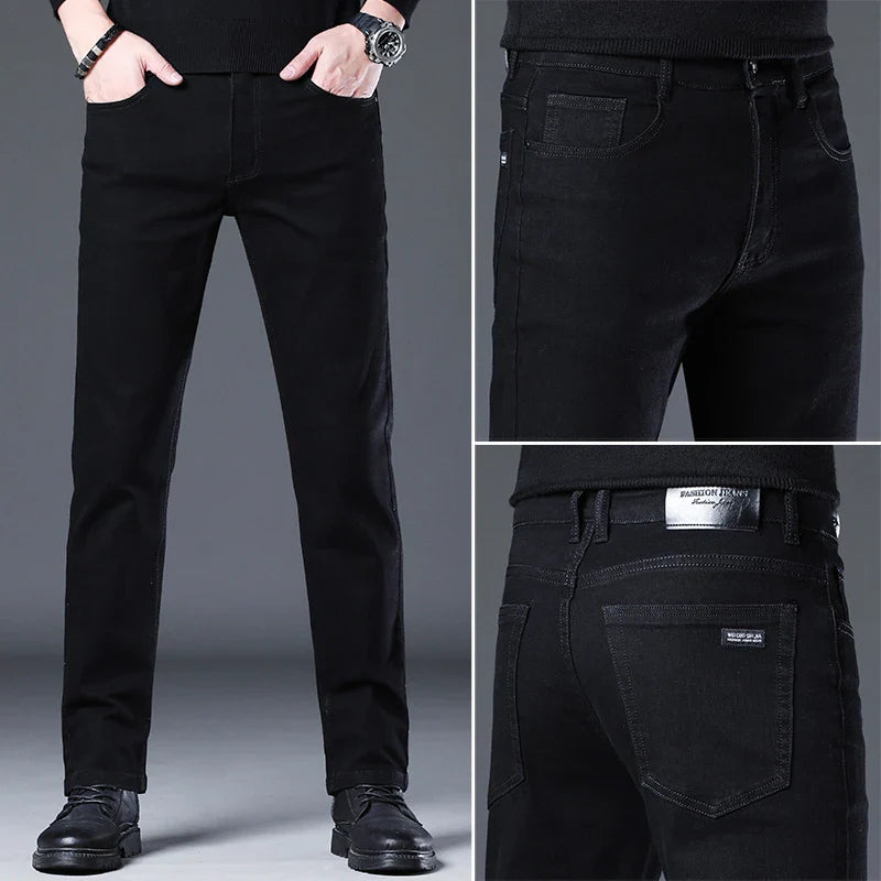 2025 New Men's Stretch Regular Fit Jeans Business Casual Classic Style Fashion Denim Trousers Male Black Blue Gray Pants