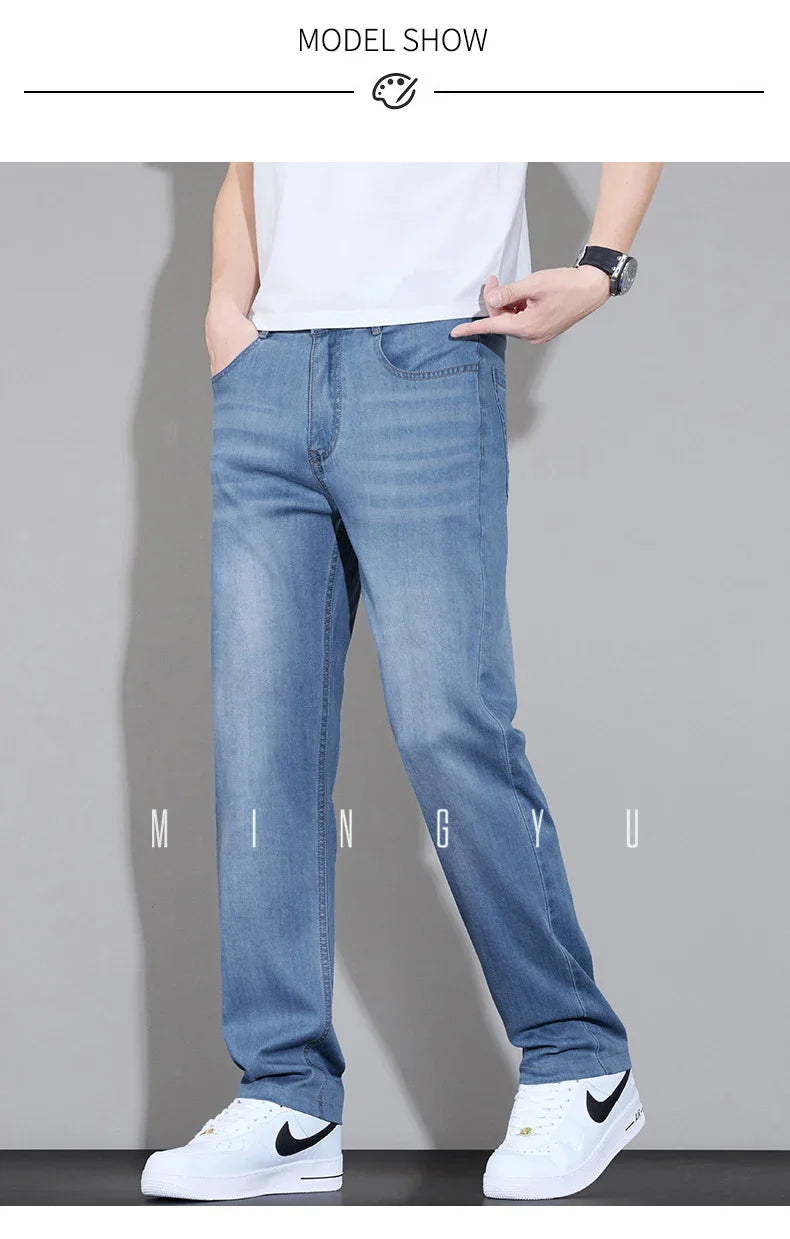 Spring Summer Brand Clothing Lyocell Fabric Men's Jeans Classic Business Straight Denim Pants Work Trousers Male Plus Size 29-40