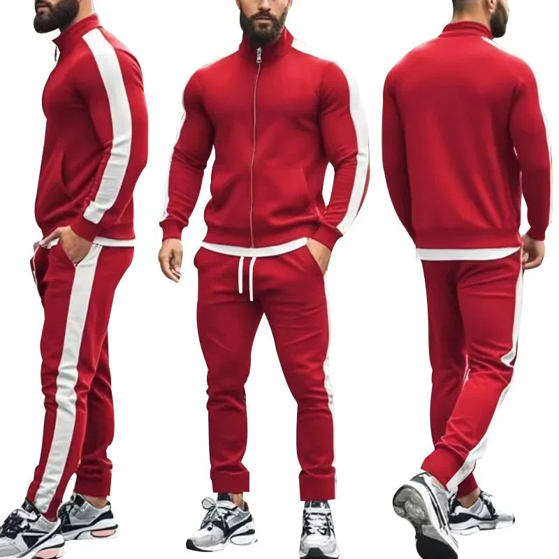 2025 Spring Autumn Men's 2-Piece Set Color Blocking Zipper Stand Collar Casual Sports Jacket Sweatshirt Trousers Suit