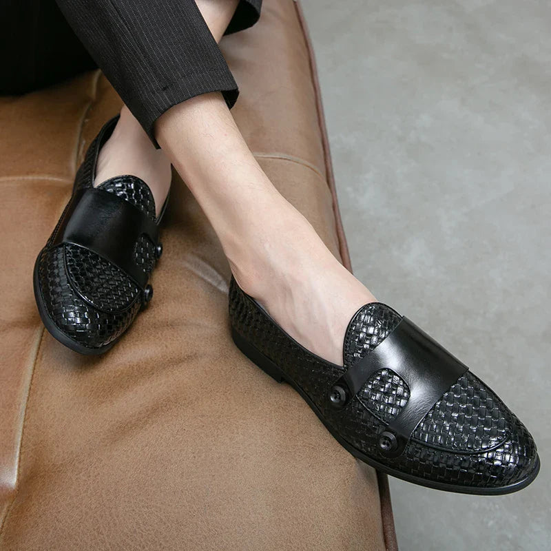 British Style Weave Pattern Microfiber Leather Monk Shoes Mens Buckle Party Wedding Loafers Moccasins Men Driving Flats