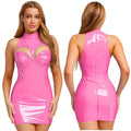 Womens Wet Look PU Leather Mini Dress Mock Neck Sleeveless Hollow-out Push-up Bra Bodycon Tube Dress Clubwear for Raves Party
