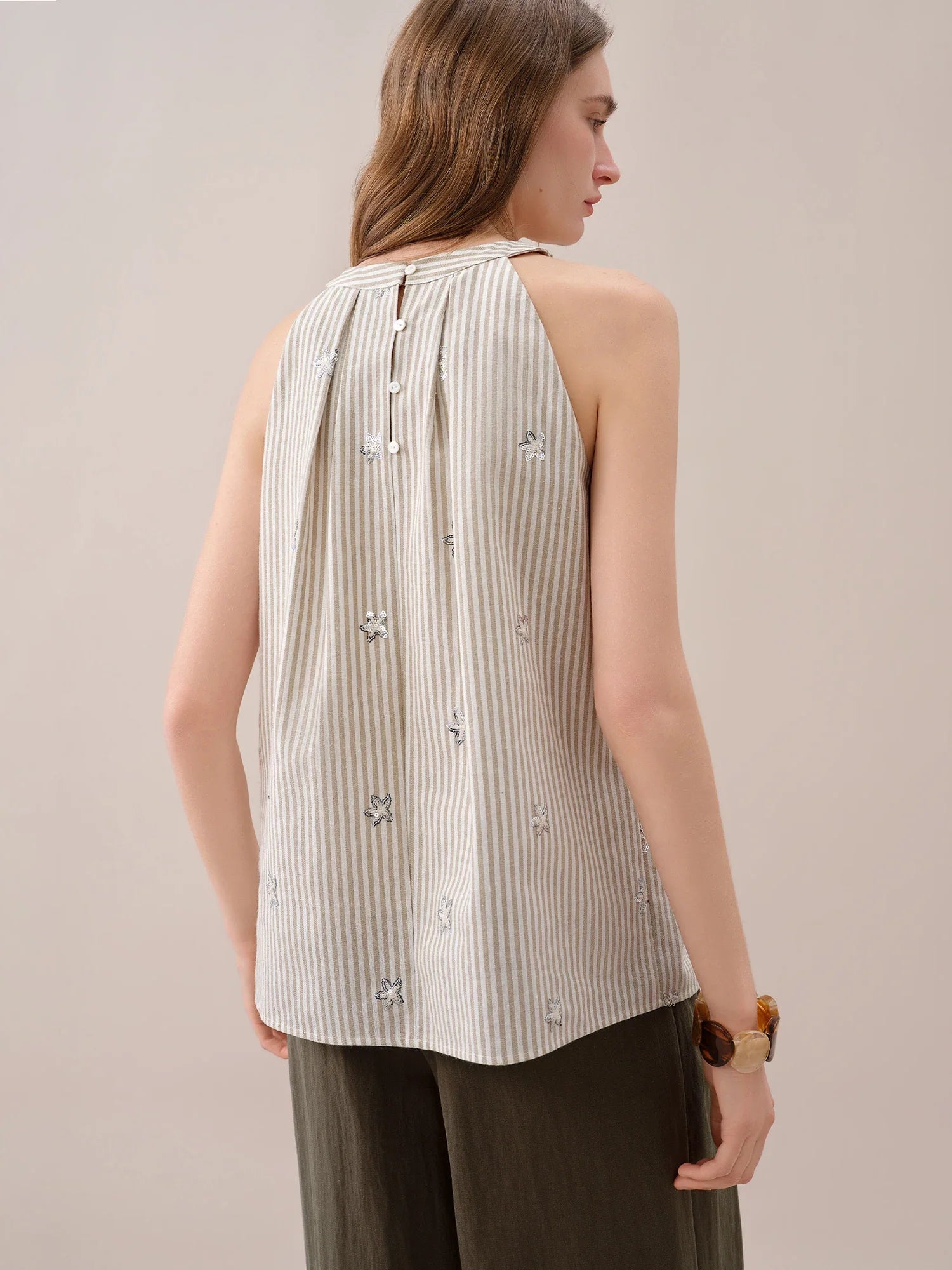 2026 Summer Women's Striped Embroidered Sleeveless Blouse - Vacation Elegance Collection for Resort
