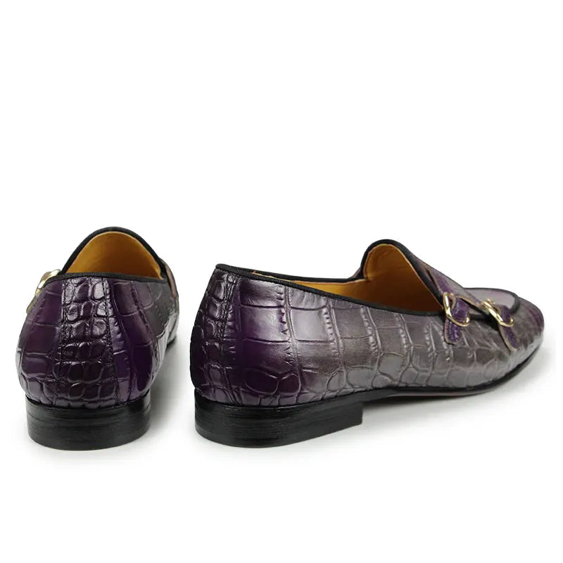 Men Loafers Double Monk Strap Slip on Fashion Casual Penny Footwear Business Wedding Evening Genuine Leather Crocodile Printing