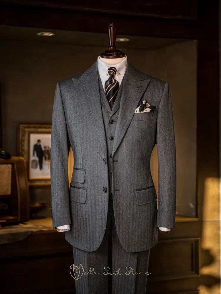 New Men's 3piece Suit Single Breasted Herringbone Pattern Men's Business Formal Attire Wedding Suit Groom's Jacket Men's Fashion