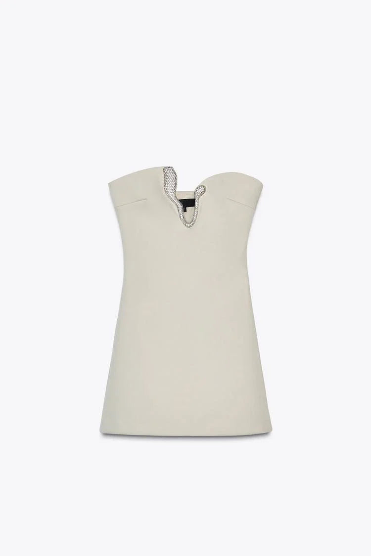 Summer New Women's Asymmetric Collar Jewelry Embellied Patchwork Lined ort Dr Ele High Waist Svel Bodycon