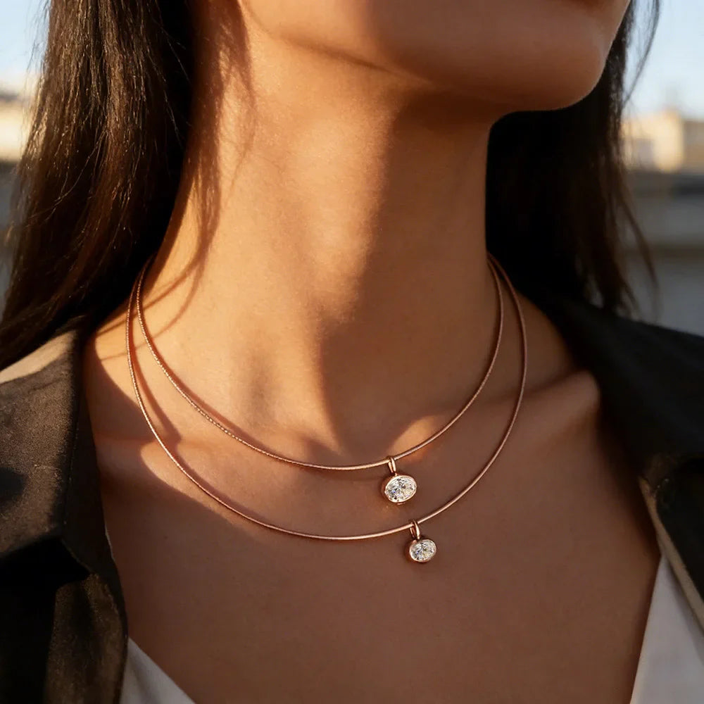 Solitaire Oval Cut Moissanite Pendant 2/3/4ct for Women s925 Silver Party Bridal 1.5mm Solid Choker Neck Chain Necklace