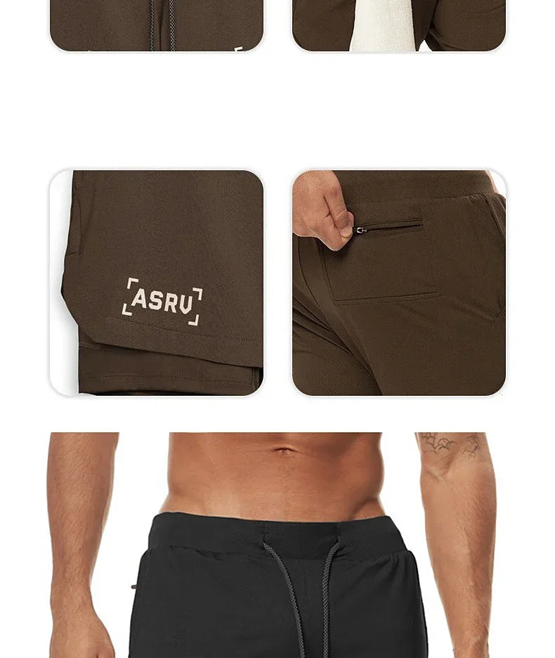 Men's 2 in 1 Double-deck Gym Shorts Quick Dry Summer Running Workout Shorts Zipper Pockets Slim Fit Fitness Training Short Pants