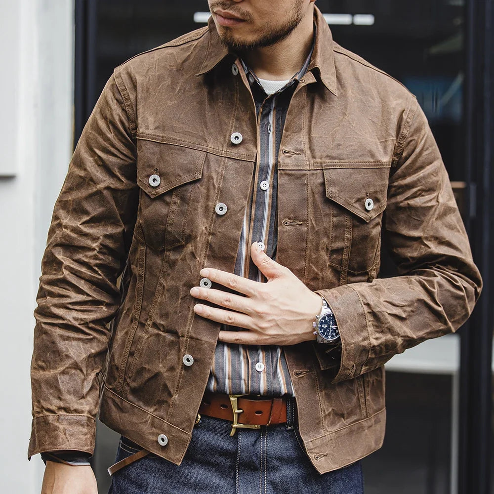 Amekaji Retro Male Oil Waxed Jacket Canvas Cotton Khaki Military Uniform Light Casual Work Safari Style Coats Man Clothing