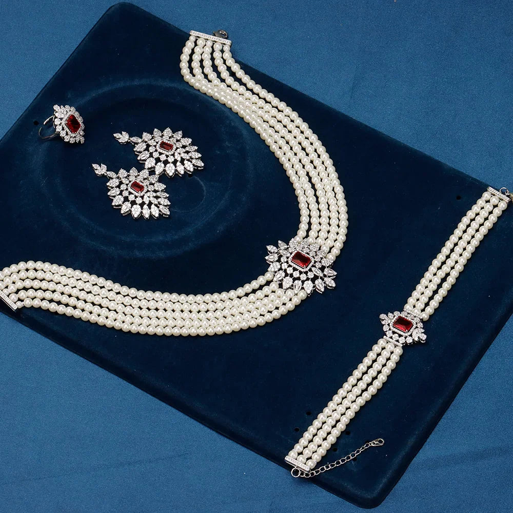 Gorgeous 5 Layered Imitation Pearl Choker with Planet Pendant Necklaces Bracelet Zircon 4PCS Jewelry Set for Women Wedding