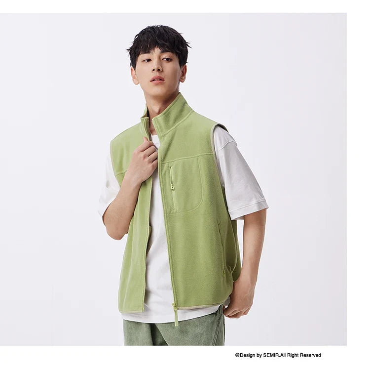 Vest Men Anti-Static Fleece Coat New Autumn 2024 Warm Collar Lining Solid Color Versatile Top