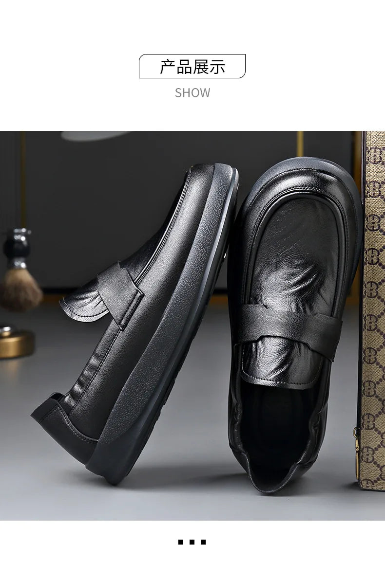 Spring Summer New Genuine Leather Shoes Men Solid Color Fashion Loafers Male Soft Sole Anti-slip Height-increasing Loafers Man