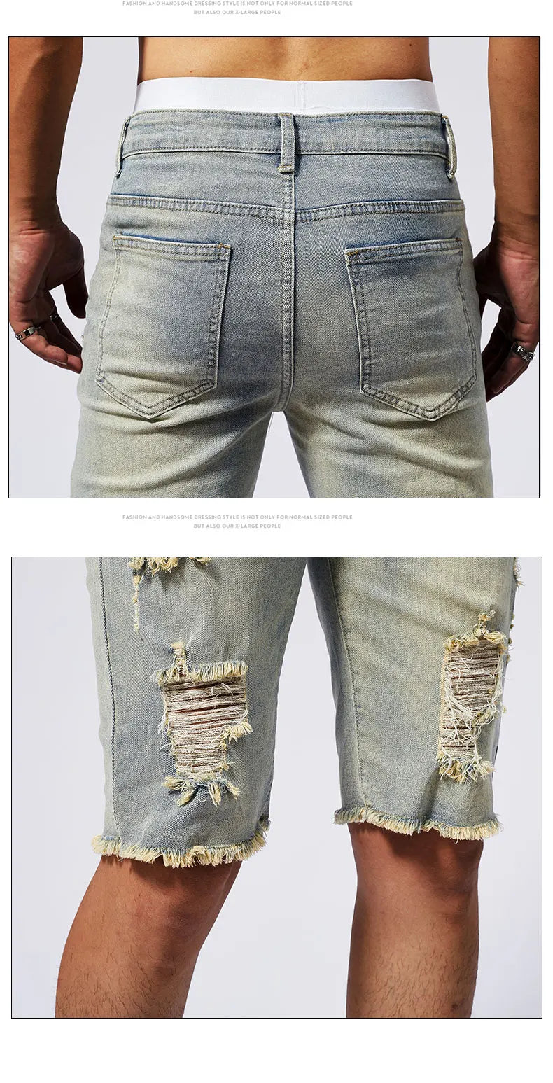 Vintage Denim Shorts Men's American Stretch Slim Jeans Fashion Ripped Streetwear Male Hole Frayed Short Pants Blue Black