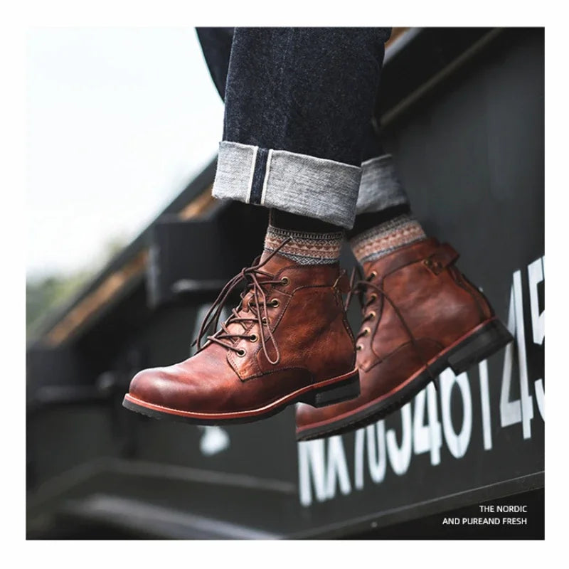 Men Comfortable Platform Motorcycle Booties New Casual High-top Shoes Retro Men Boots Solid Color Lace Up Ankle Boots Men