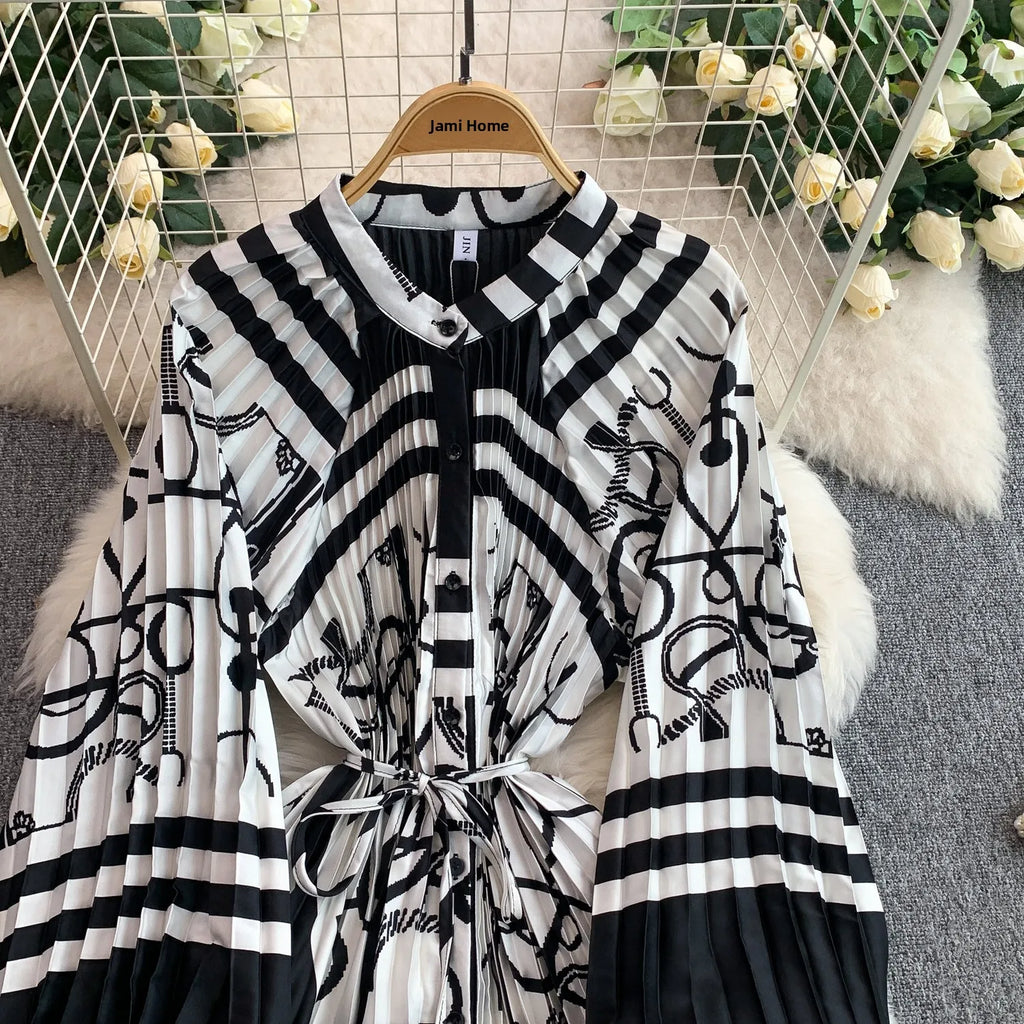 Printed round Ne Lantern Sve Dr Women's Single Button Waist Cinch Maxi Skirt Long Dr Commute Sle Autumn