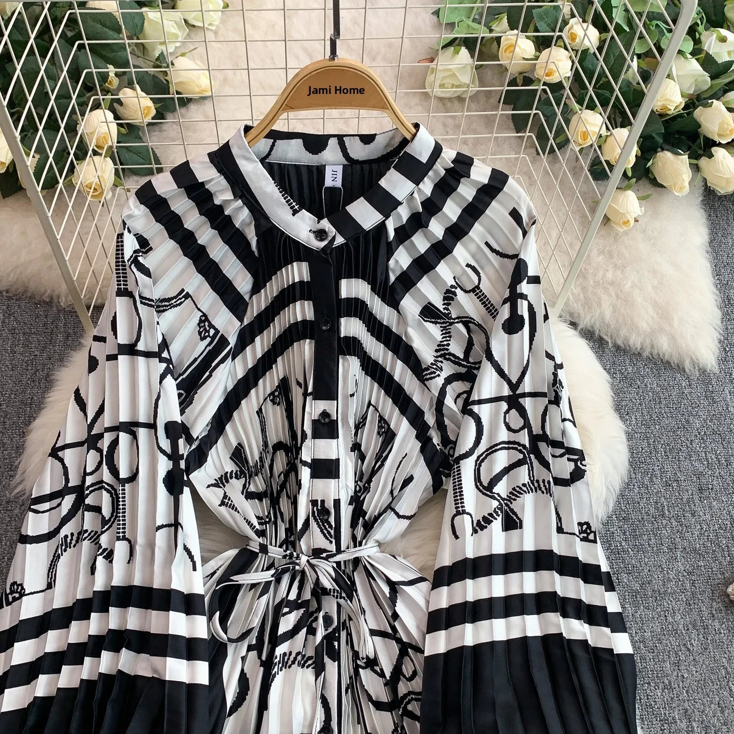 Printed round Ne Lantern Sve Dr Women's Single Button Waist Cinch Maxi Skirt Long Dr Commute Sle Autumn