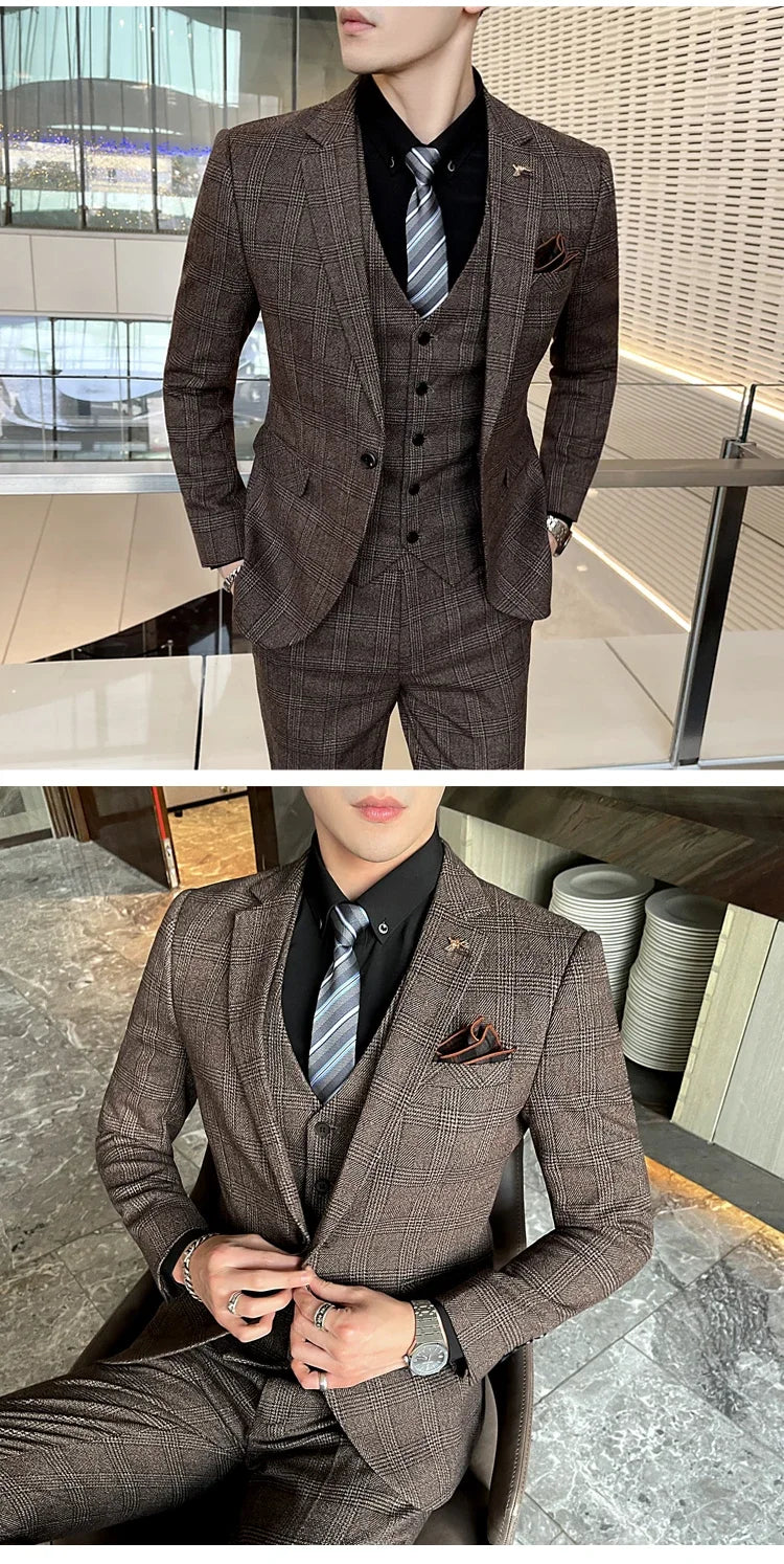 Checkered Suit (Blazer+Vest+Pants) Men's Fashion Hosting Work Business Wedding Casual Linen Art Style Elegant Gentleman's Suit