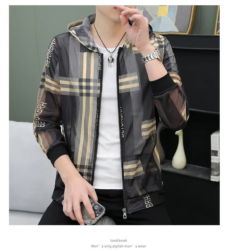 Men's Summer Mesh Sun Protection Clothing Trendy Stripe Print Ice Silk Cool Feeling Breathable Quick Dry Hooded Jacket