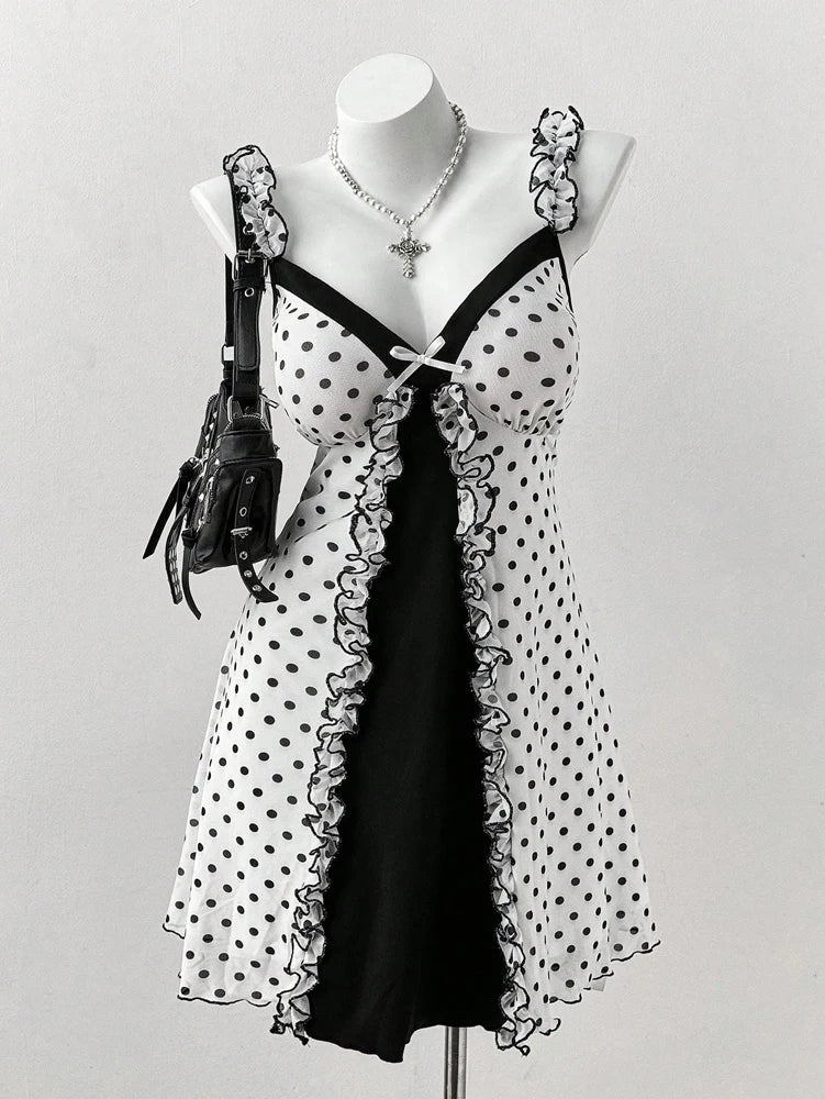 Plus Size Y2K Polka Dot Dress, Ruffle Trim Bow Front Cami Mini Dress, Sexy Sweet Coquette Style Party Dress for Women