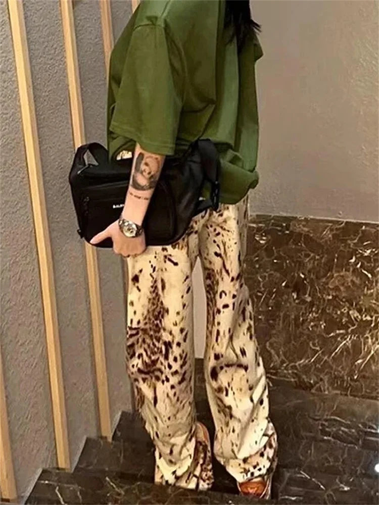 بنطلون جينز نسائي بخصر عالٍ بتصميم عتيق على طراز Y2K وملائم لأزياء الشارع