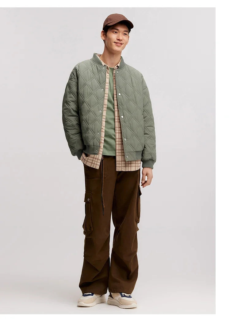 Cotton Jacket Men 2024 Winter New Slightly Wrinkled Quilted Rhombus Texture Thin Baseball Trendy Cotton Jacket