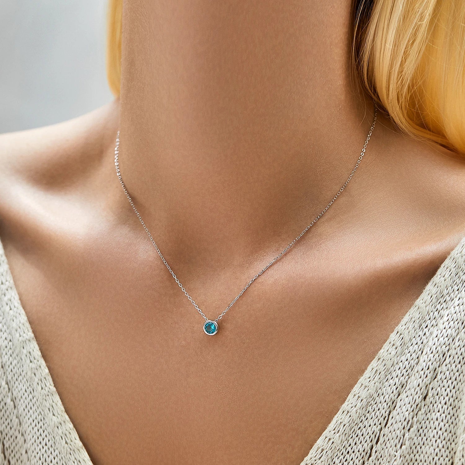 925 Sterling Silver Teal Round Zirconia Pendant Necklace White Gold Plated Neck Link Chain For Women Party Jewelry Gift