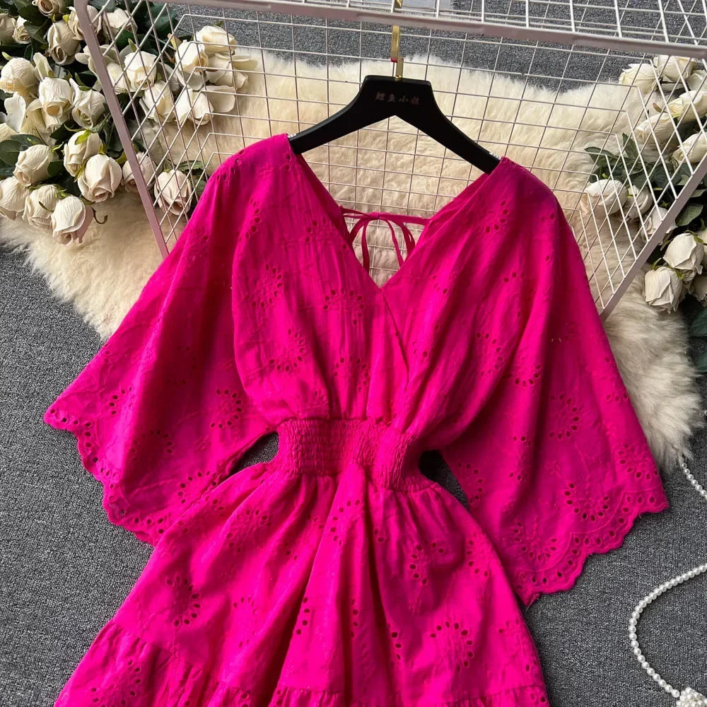 White/Purple/Blue V Neck Summer New Lace Embroidery Dress Women Short Sleeves Dresses Female Vintage Party Beach Midi Dresses