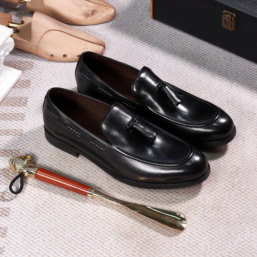 Classic Men's Genuine Leather Tassel Loafers Handmade Slip-On Casual Shoes Comfortable for Office Wedding Dressing Daily Wear