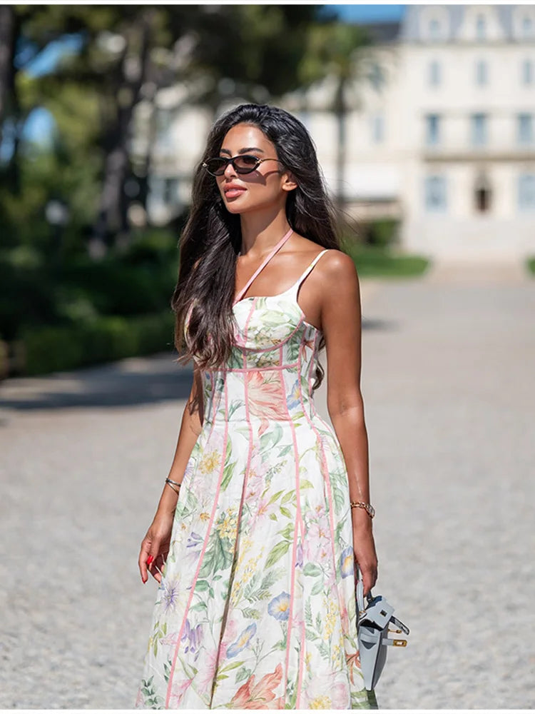 Fashionable Lady Floral Corset Maxi Dresses Halter Neck Sleeveless Flowy Long Dress Female Beach Vacation Party Evening Gown