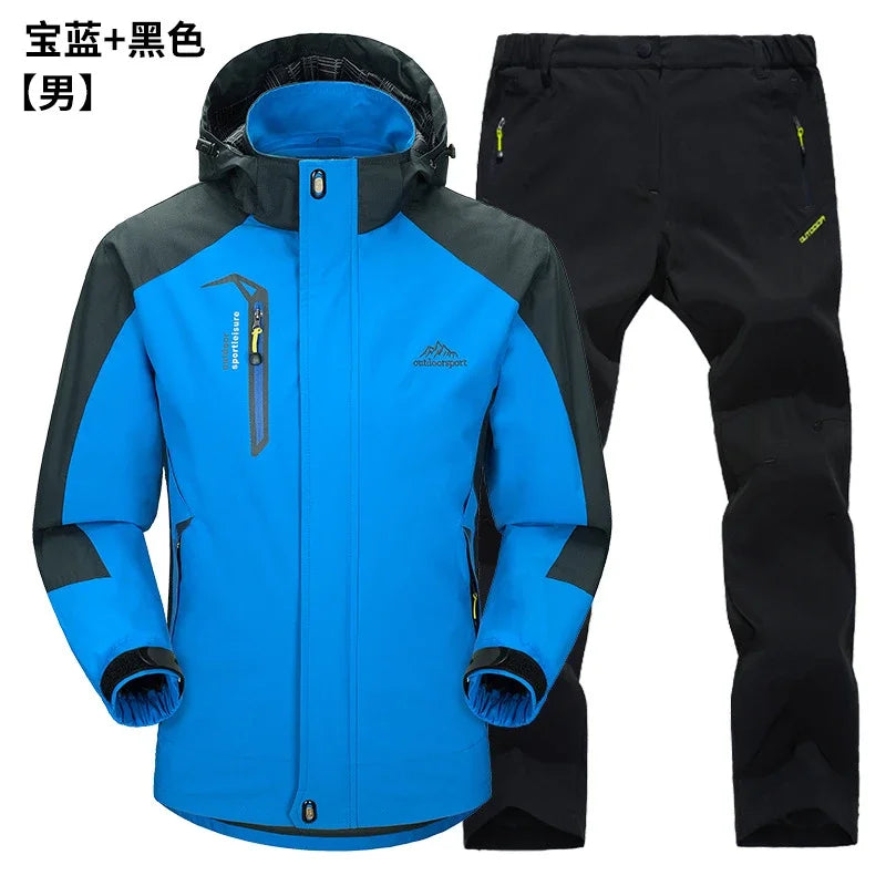 Outdoor Jacket Pants Sets Men Fleece Thermal Waterproof Windproof Hooded Jackets Hiking Military Trip Mountain Camping Clothes