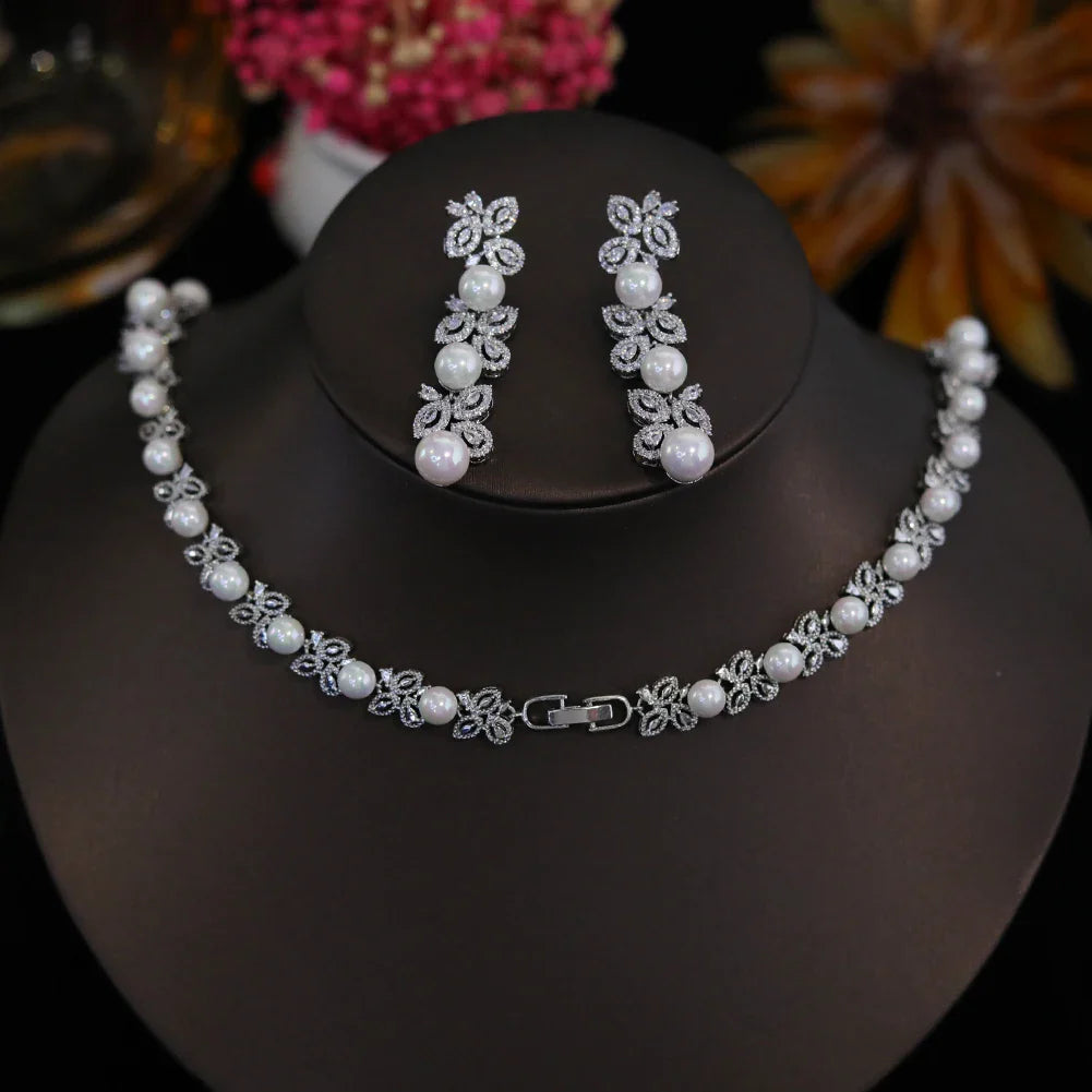 Elegant Shiny Cubic Zirconia Big Pearl Necklace Bridesmaid Gift Luxury Bridal Wedding Banquet Jewelry Set for Women Accessories
