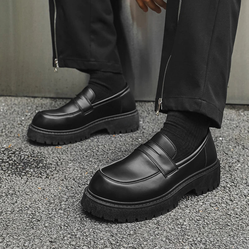 Loafers Men Leather Shoes Thick-soled British Style Black Formal Business Shoes Fashion Luxury Slip-On Casual Big Head Shoes