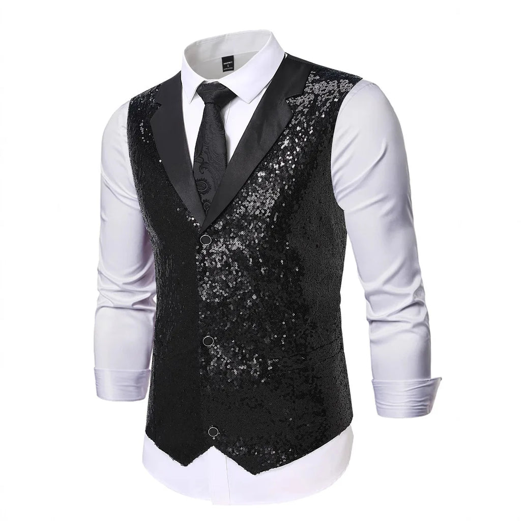 2026 New Black Men's Shiny Sequin Suit Collar Sleeveless Vest, Wedding/Party/Stage Performance, Gold or Silver Optional