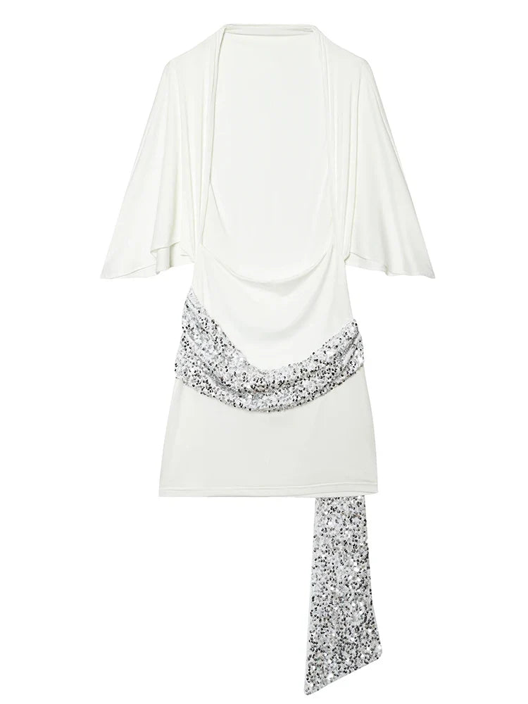2026 Women Elegant White Short-Sleeved Backless Sequined Splicing Decoration Sexy Short Dress Woman Fashion Party Mini Dress