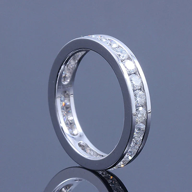 S925 Silver Groove Inlaid D VVS1 Round Moissanite Ring for Women Fashion Wedding Ring Eternity Band with Certificate