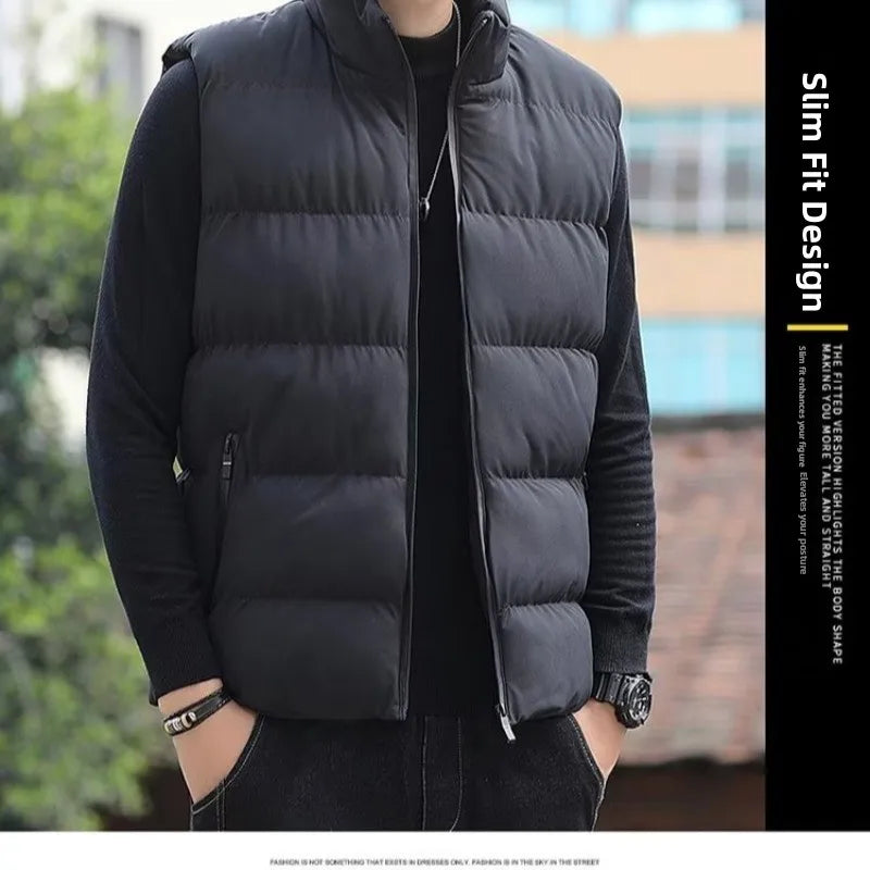Men's down Vest Thickened Casual Style Stand Collar Jacket Autumn Winter New Fashion Youth Active Fit Zipper Pocket Daily Wear