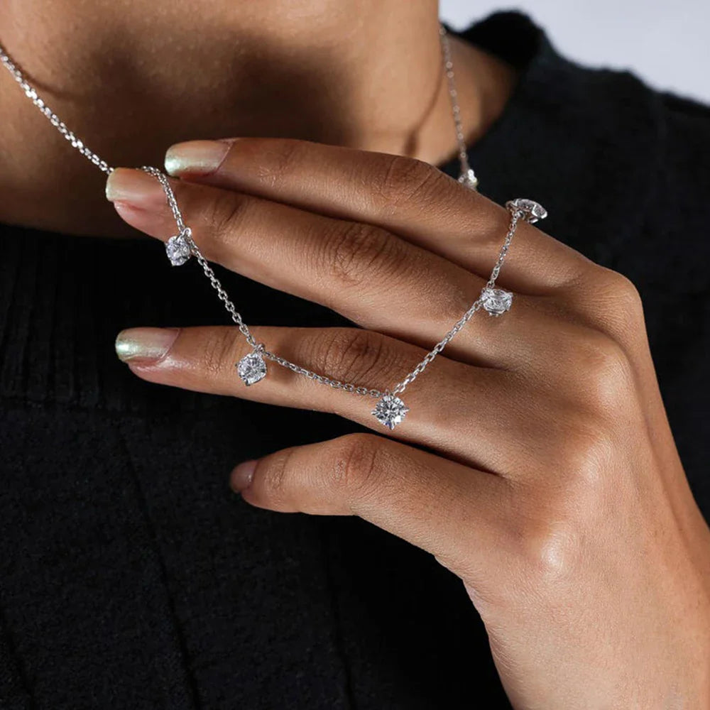 8 Stone Round Cut Real Moissanite Necklace for Women Floating Tiny Diamonds Neck Chain S925 Silver 18K Gold Plated Jewelry Gift