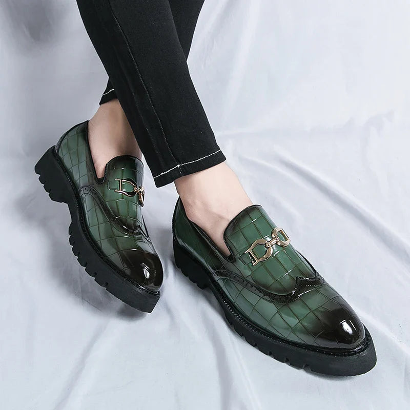 Trendy Brand Green Brogue Shoes Men's Leather Business Shoes Groom's Wedding Men's Loafers British Style Dress Shoes Men