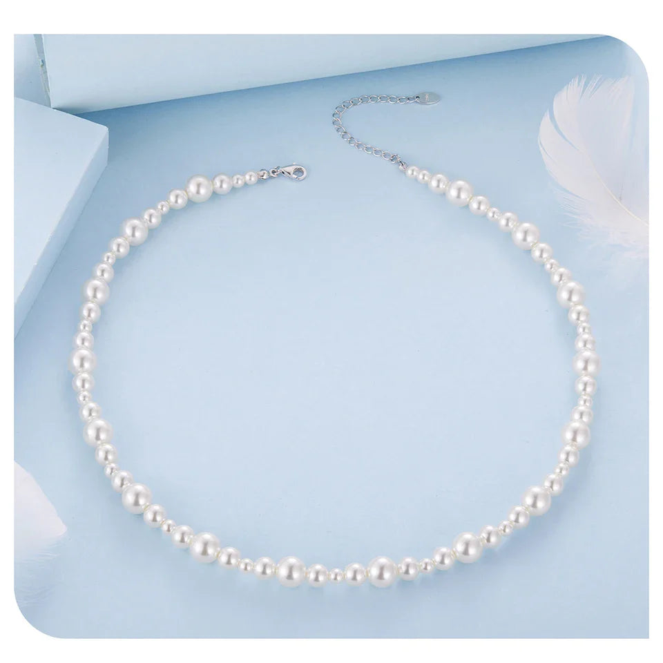 925 Sterling Silver Stackable Full Pearl Necklace Lucky Four-Leaf Clover Beads Strand Necklace for Elegant Women Gift
