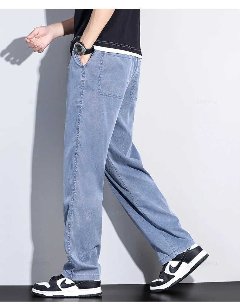 Summer New Upgrade Soft Lyocell Fabric Jeans Men Ultrathin Blue Elastic Waist Loose Straight Denim Trousers Male Plus Size 5XL