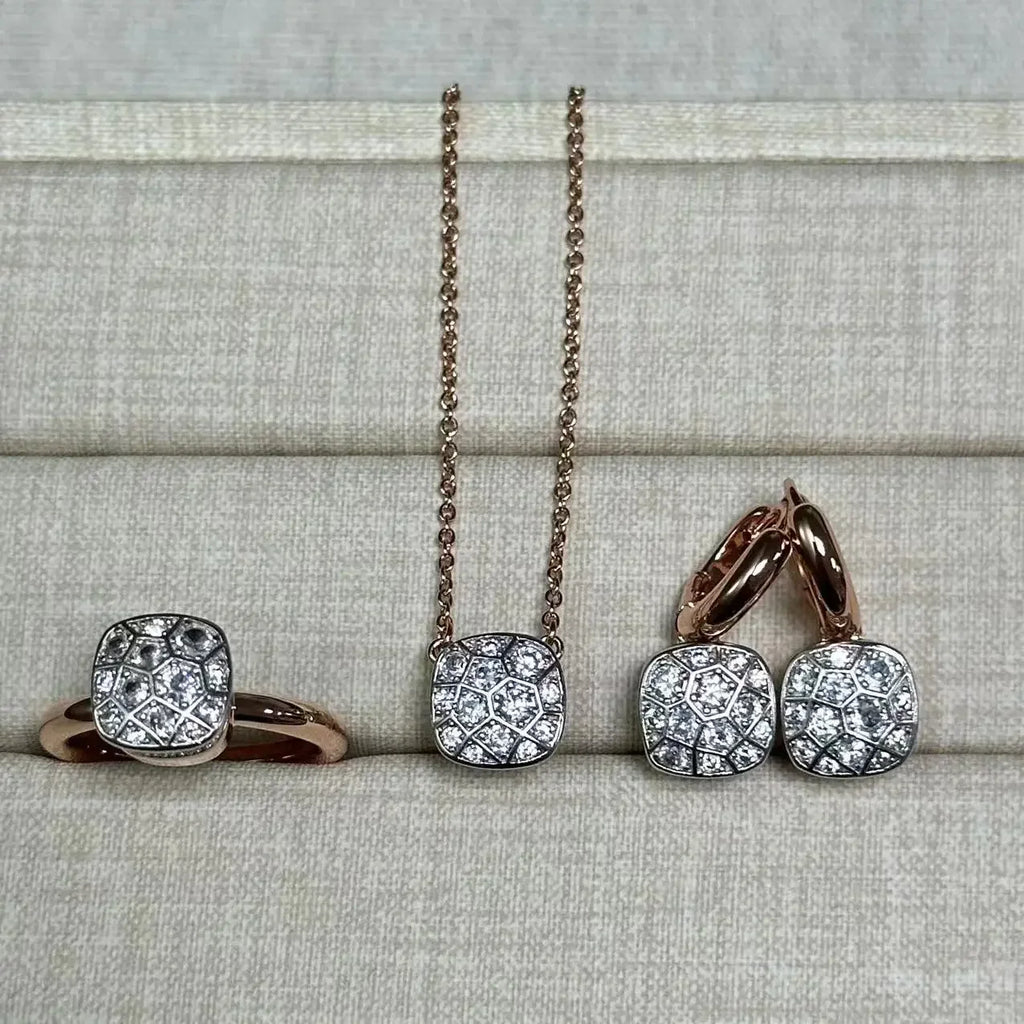 10.6mm Honeycomb Style Jewelry Set For Women Ring Earrings Necklace Rose Gold Candy Crystal Bijoux Gift