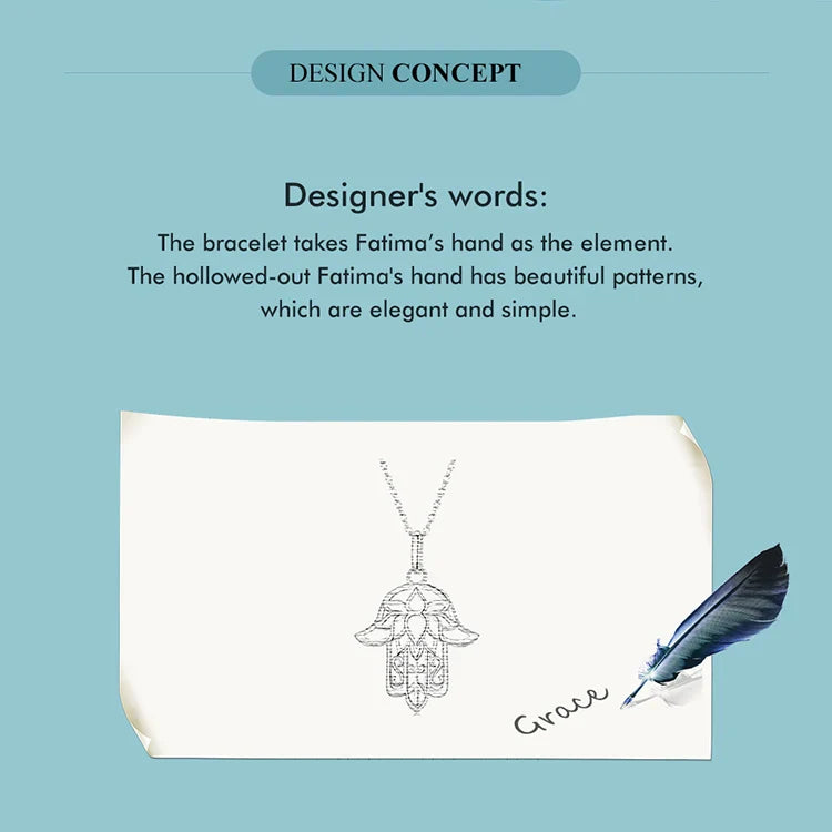 925 Sterling Silver Guardian Fatima's Hand Pendant Necklace Flower Pattern Neck Chian for Women Platinum Plated SCN490