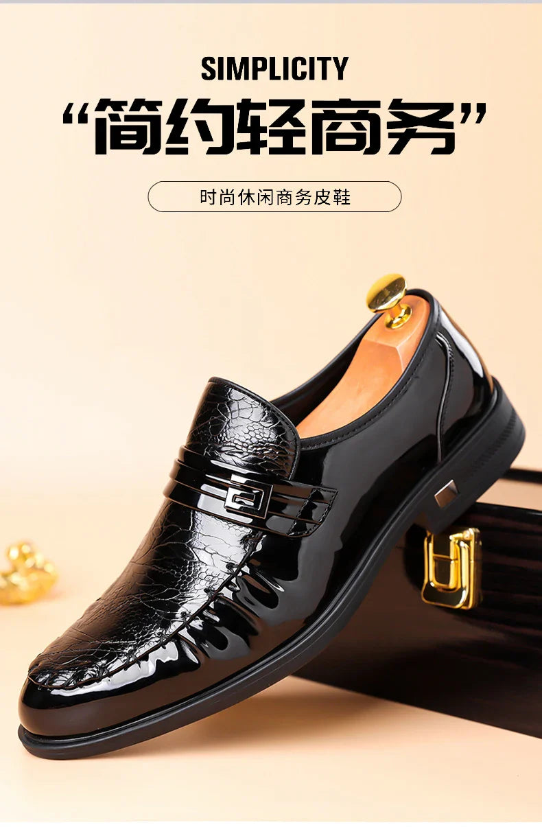 Men's Brown Crocodile Pattern Dress Shoes Patent Leather Slip-on Loafers Formal Business Wedding Oxfords for Men
