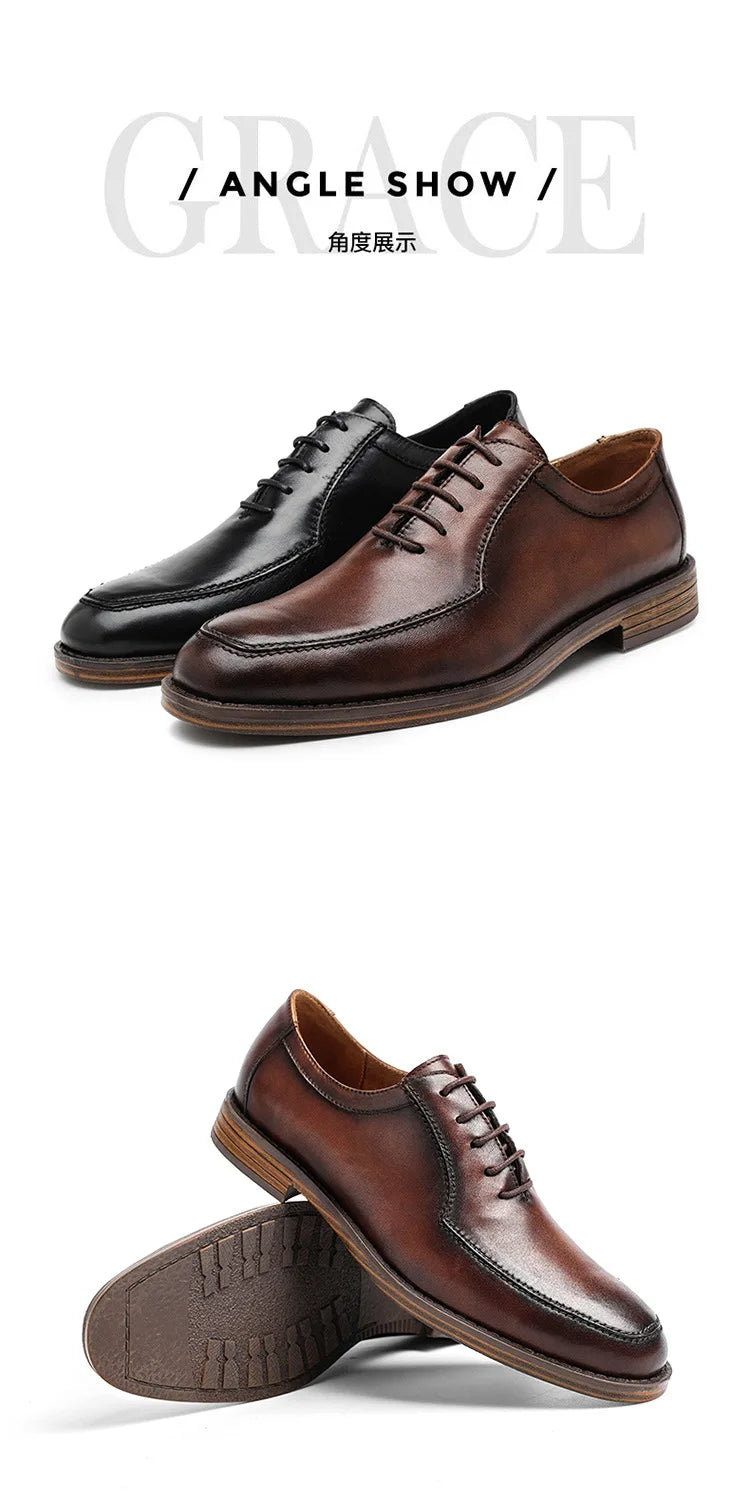 Hot Genuine Leather Shoes Men Wedding Office Dress Shoes Brown Patina Handmade Lace-Up Shoes Business Oxford Footwear