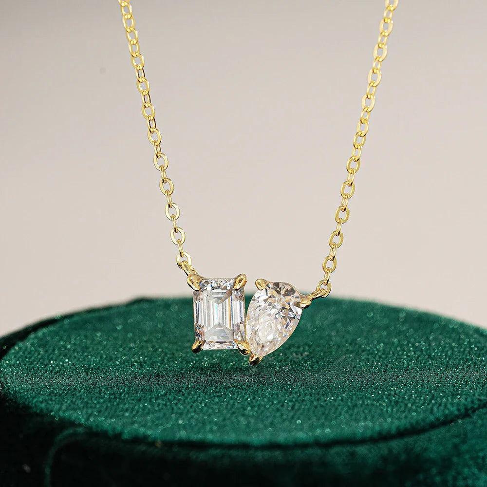 2CTTW Pear and Emerald Cut Moissanite Pendant Necklace Toi Et Moi 2 Stone Lab Diamond Necklace for Women S925 Silver 18K Jewelry