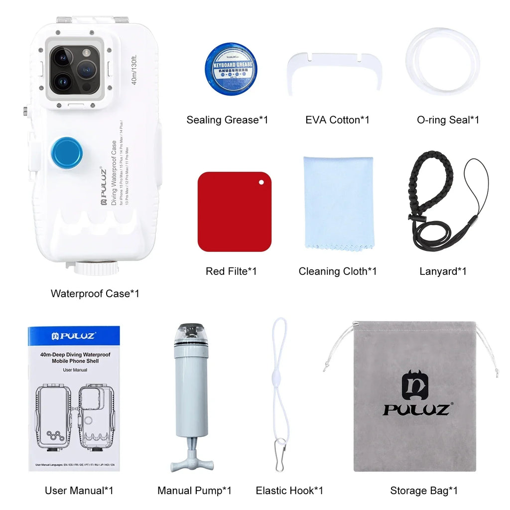 PULUZ 40m/130ft Waterproof Diving Case for iPhone 16 15 14 13 12 11 Pro Max Plus Photo Video Taking Underwater Housing Cover