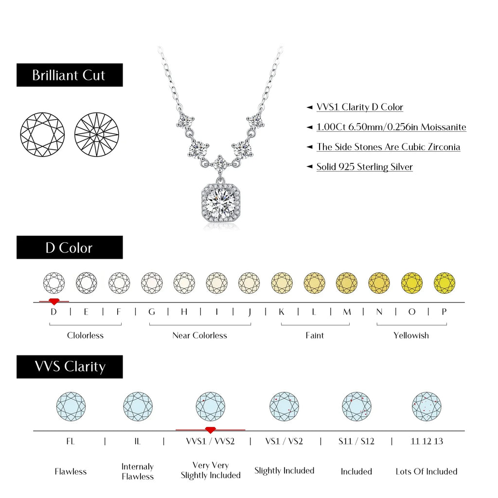 1CT D Color Moissanite Necklace 925 Sterling Silver Luxury Halo Charm Pendant Necklace For Women Bridal Wedding Jewelry