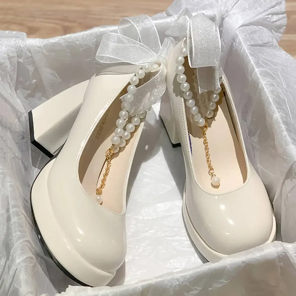 Luxury Women High Heels Elegant Bow Square Toe Women Mary Jane Shoes Pearl Lace Party Wedding Shoes Fashion Platform Women Pumps